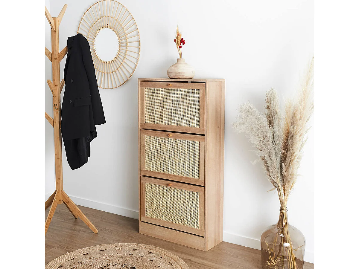 MAYA - Meuble à Chaussures 3 Portes Basculantes Effet Bois et Façades Rotin