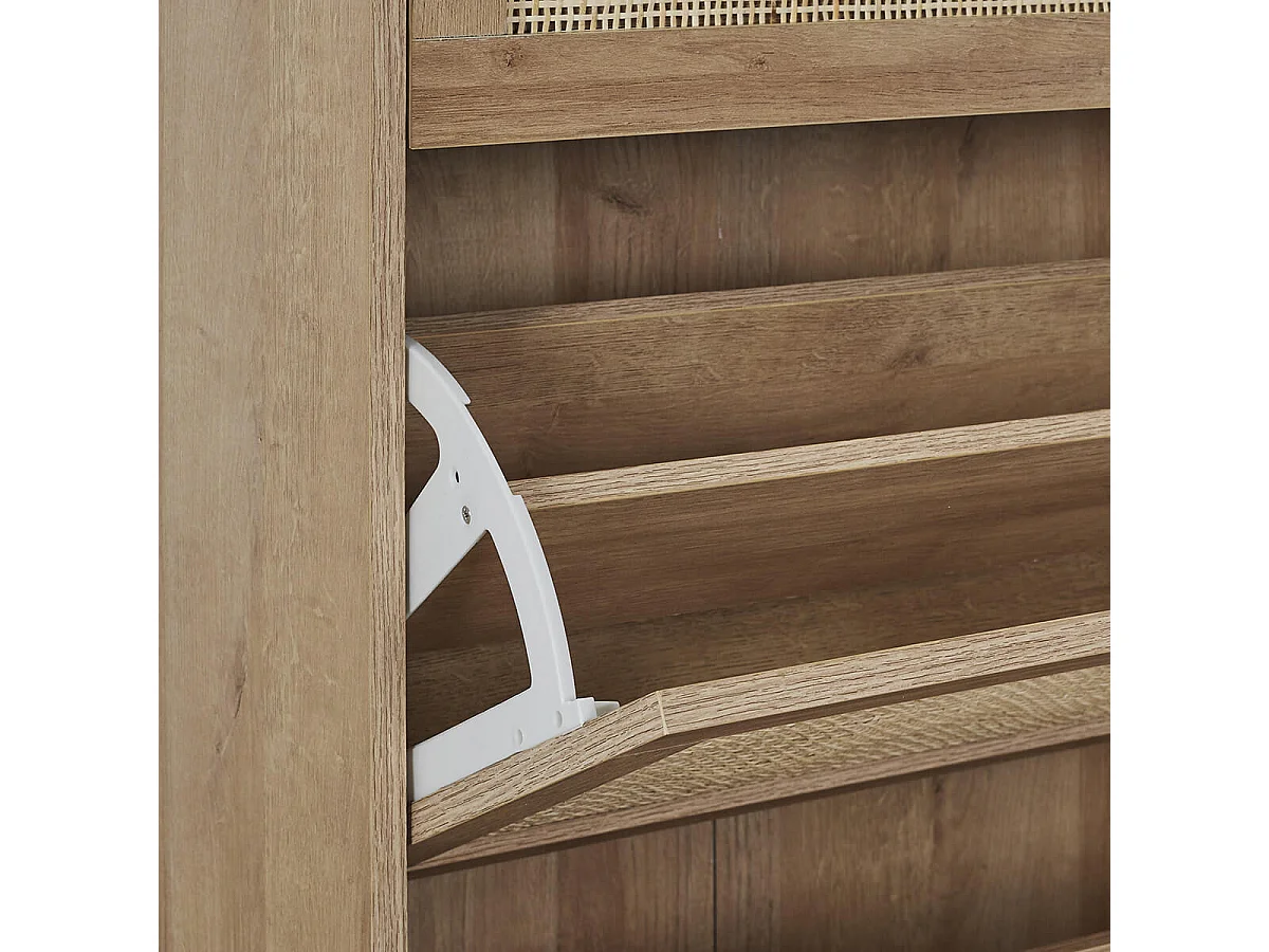 MAYA - Meuble à Chaussures 3 Portes Basculantes Effet Bois et Façades Rotin