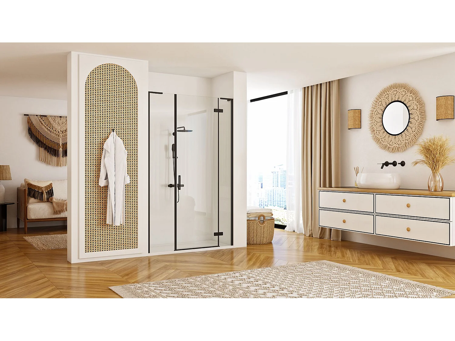 Portas De Chuveiro Rea Hugo 130 Black + Parede De Chuveiro