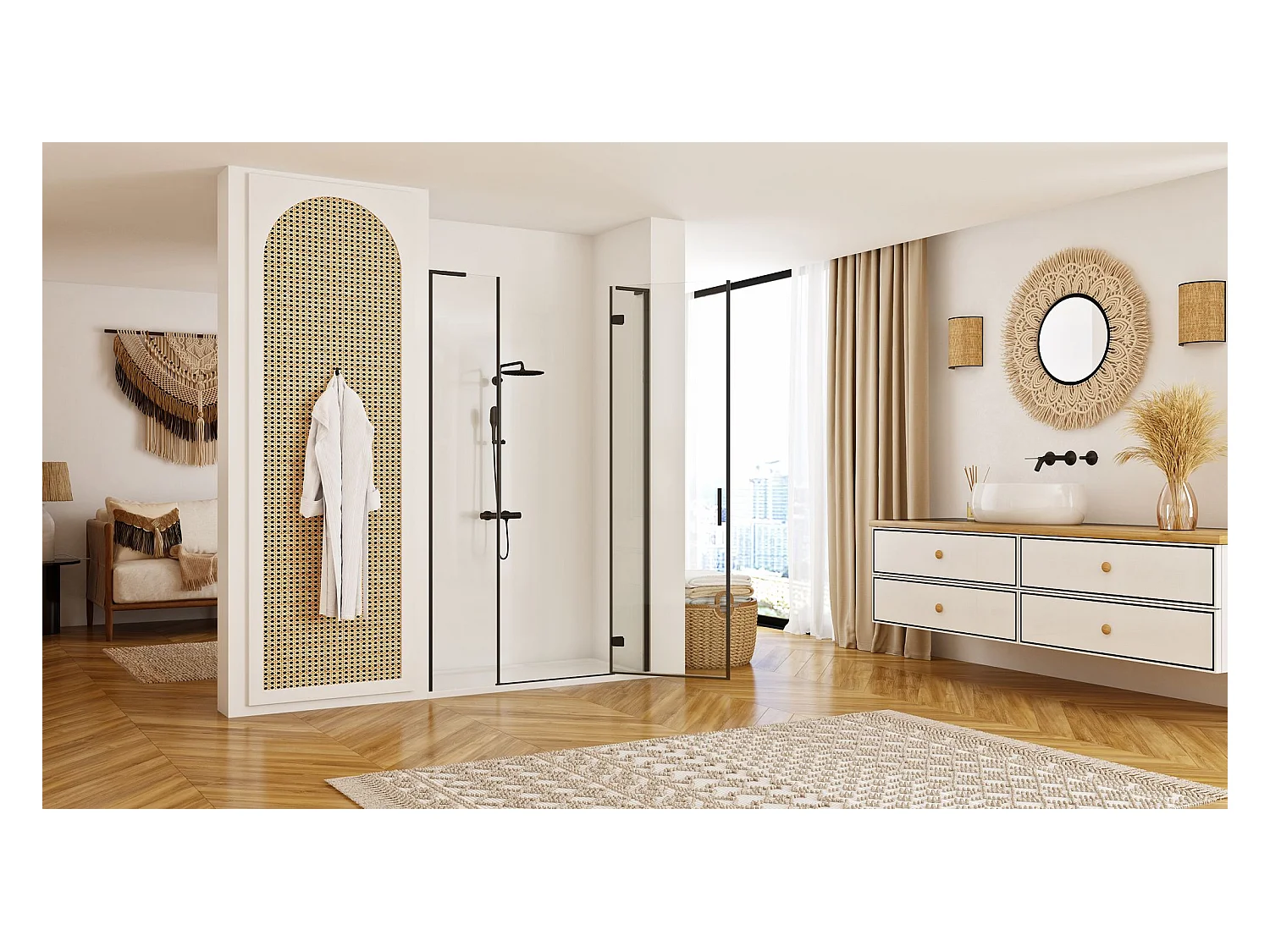 Portas De Chuveiro Rea Hugo 130 Black + Parede De Chuveiro