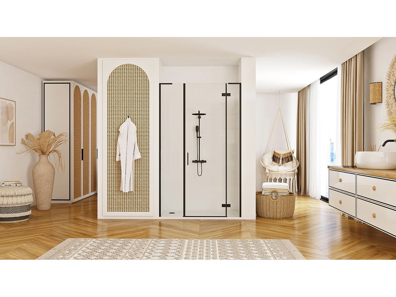 Portas De Chuveiro Rea Hugo 130 Black + Parede De Chuveiro