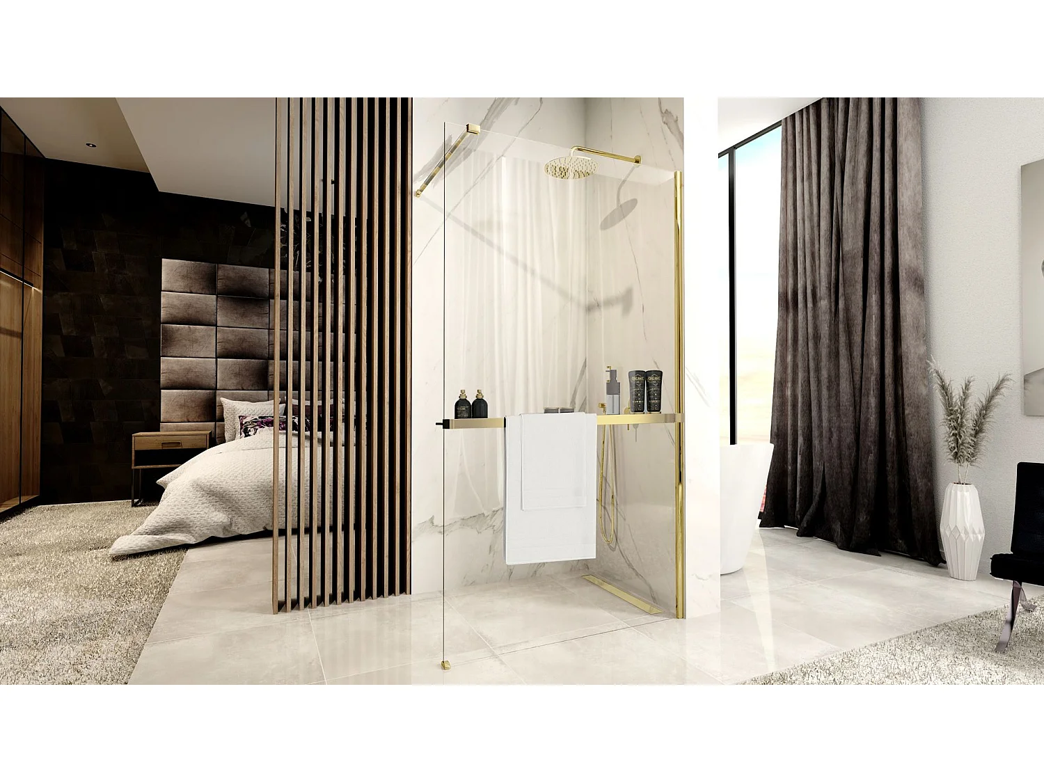 Paroi De Douche Rea Aero N Walk In 90 Gold + Étagère Et Support Evo