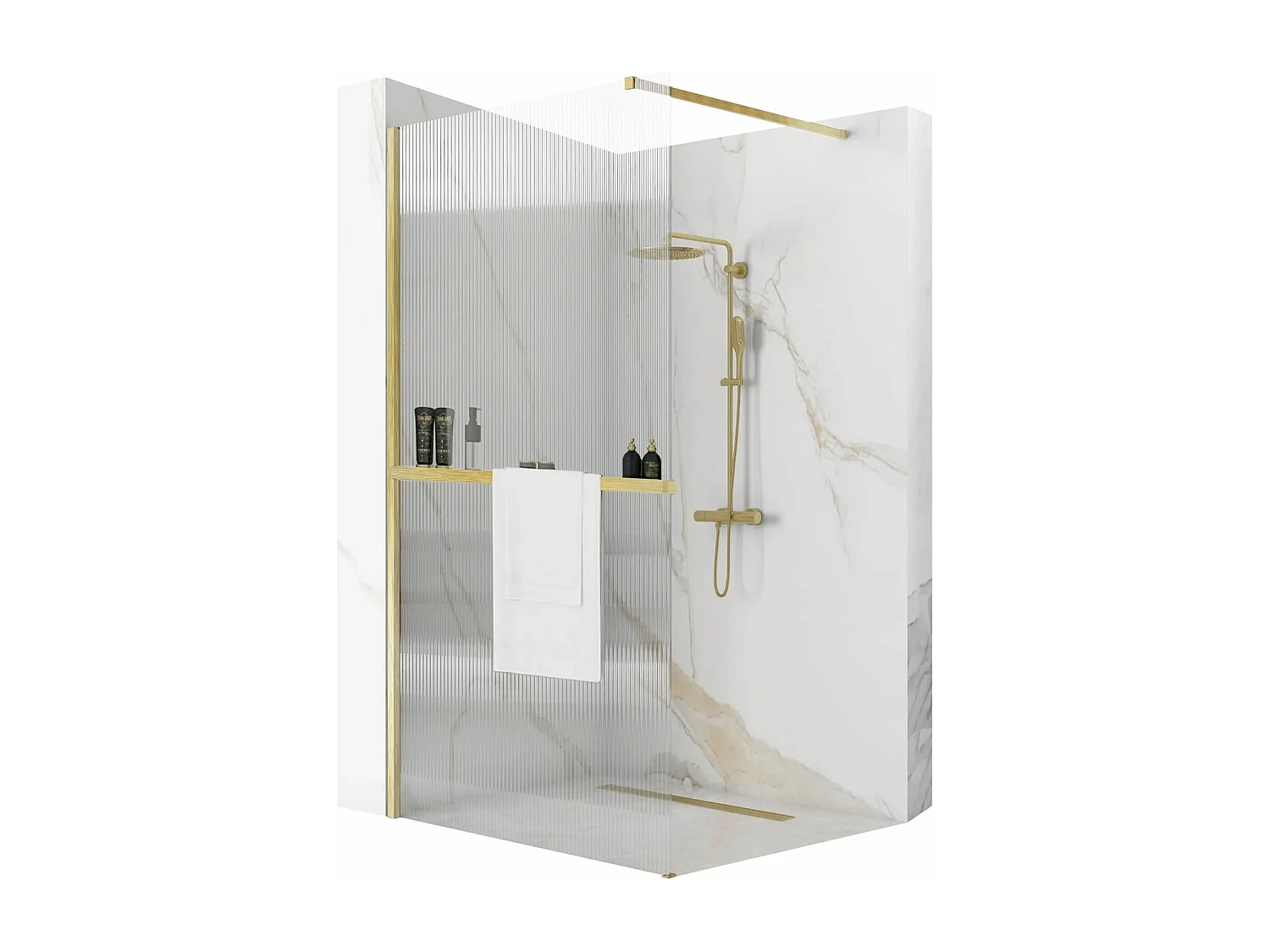Paroi De Douche Rea Aero Intimo 90 Brush Gold + Étagère Et Support Evo