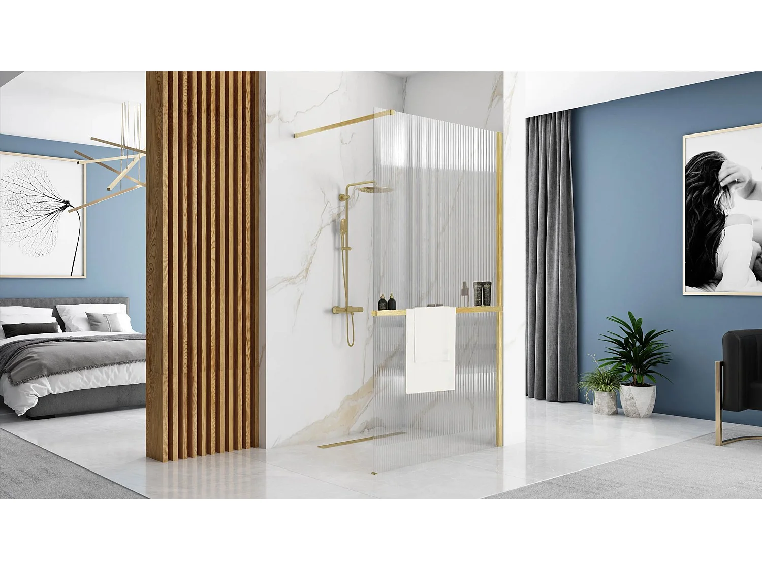 Paroi De Douche Rea Aero Intimo 90 Brush Gold + Étagère Et Support Evo