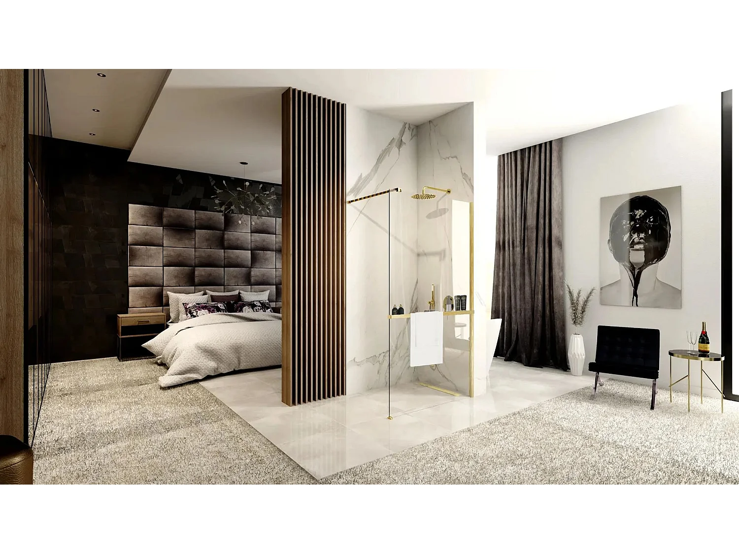 Paroi De Douche Rea Aero N 120 Brush Gold + Étagère Et Support Evo