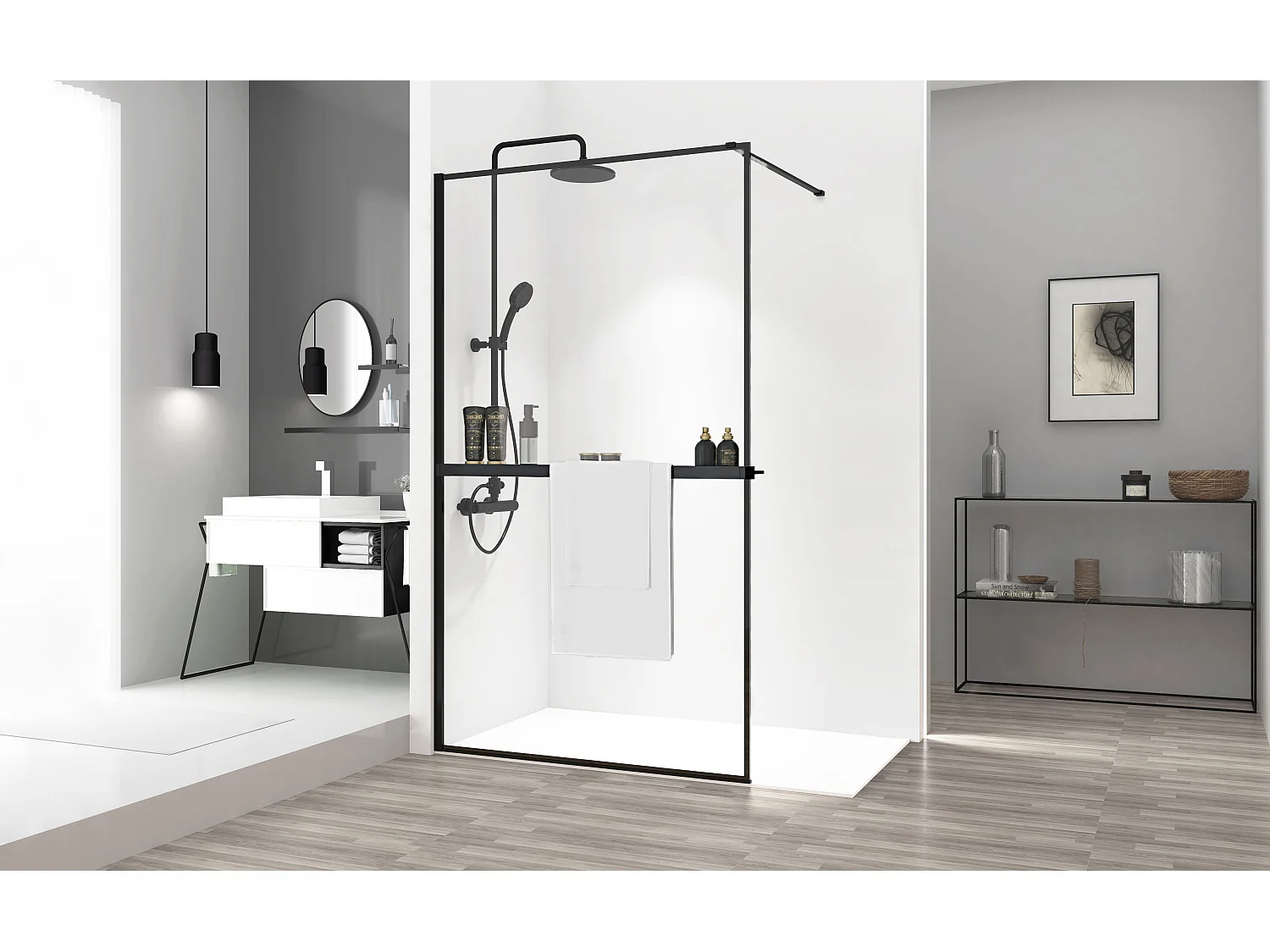 Paroi De Douche Rea Bler 100 Black + Étagère Et Support Evo