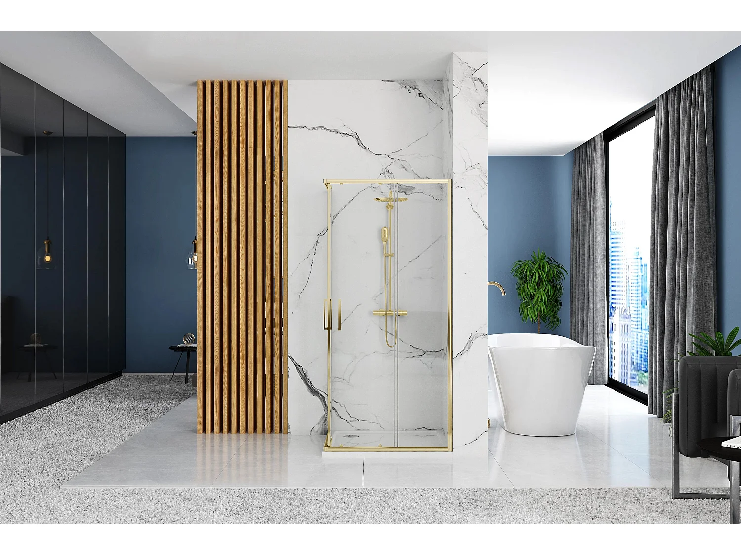 Gabinete De Chuveiro Rea Punto 90X90 Gold + Bandeja De Duche Savoy White