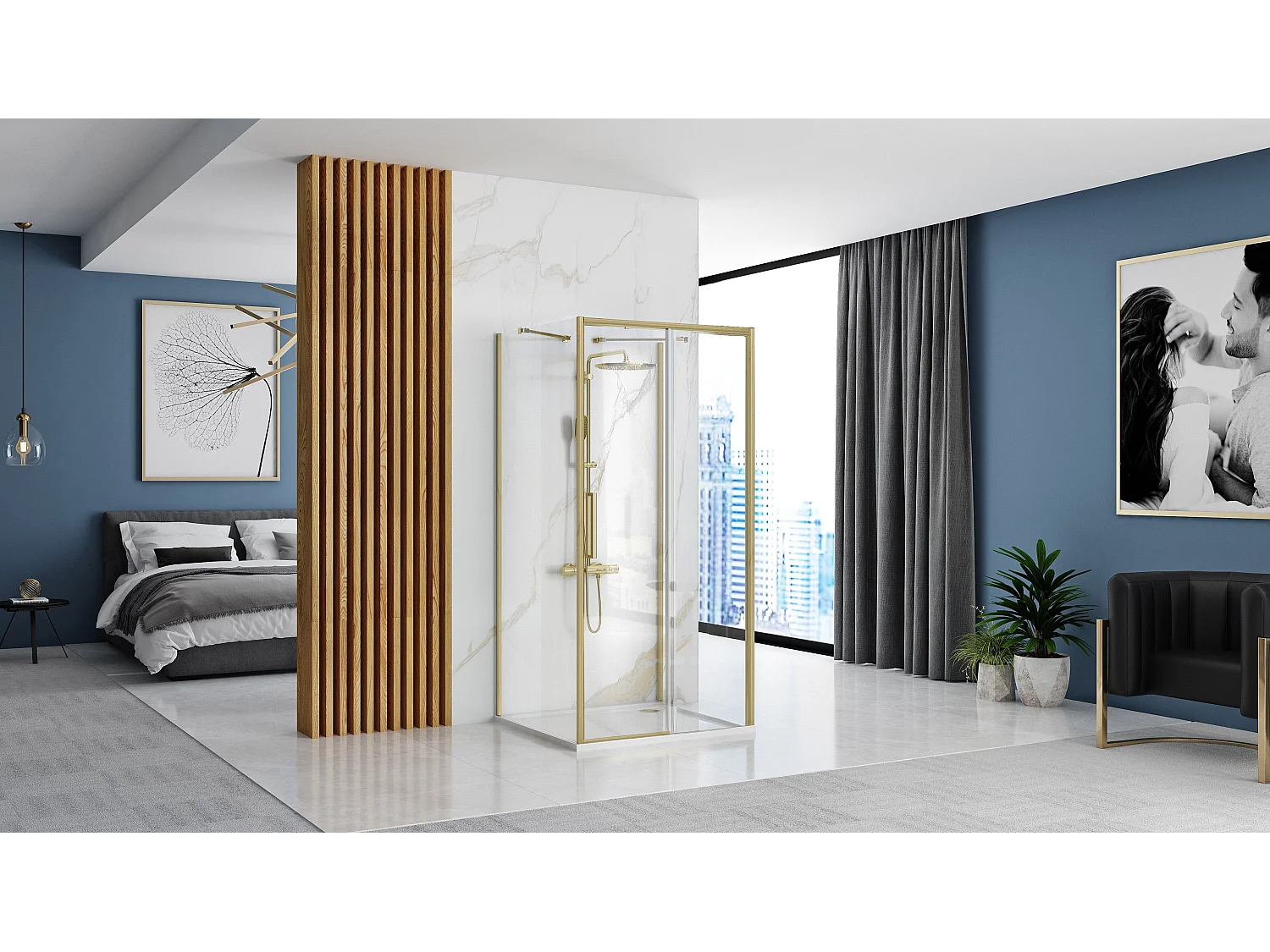 Cabine De Douche Murale Rea Rapid Slide 110X90 Brush Gold