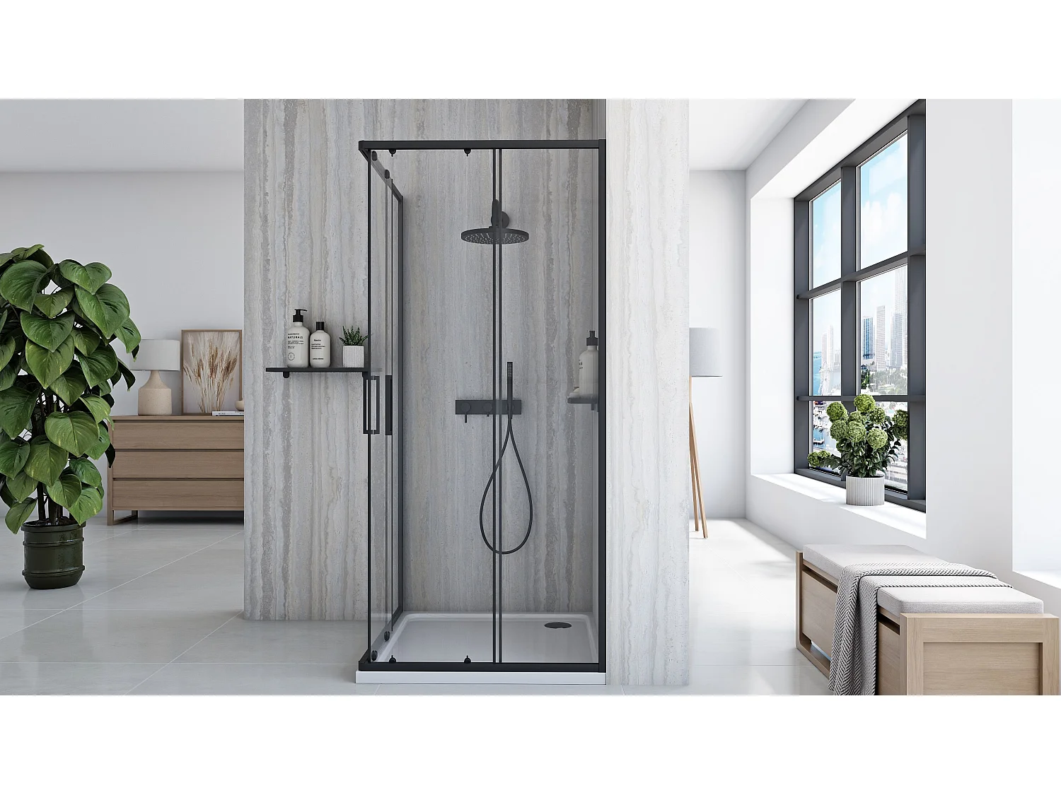 Cabine De Douche Rea City 90X90 Black + Receveur De Douche Savoy White