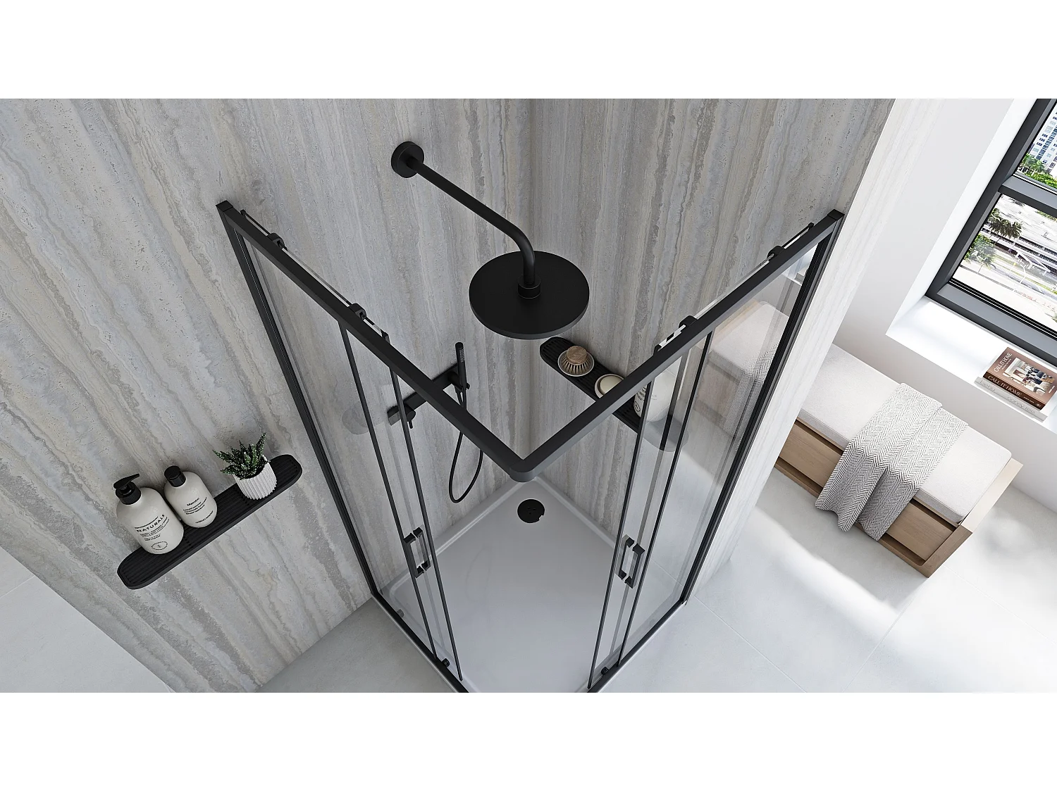 Cabine De Douche Rea City 90X90 Black + Receveur De Douche Savoy White