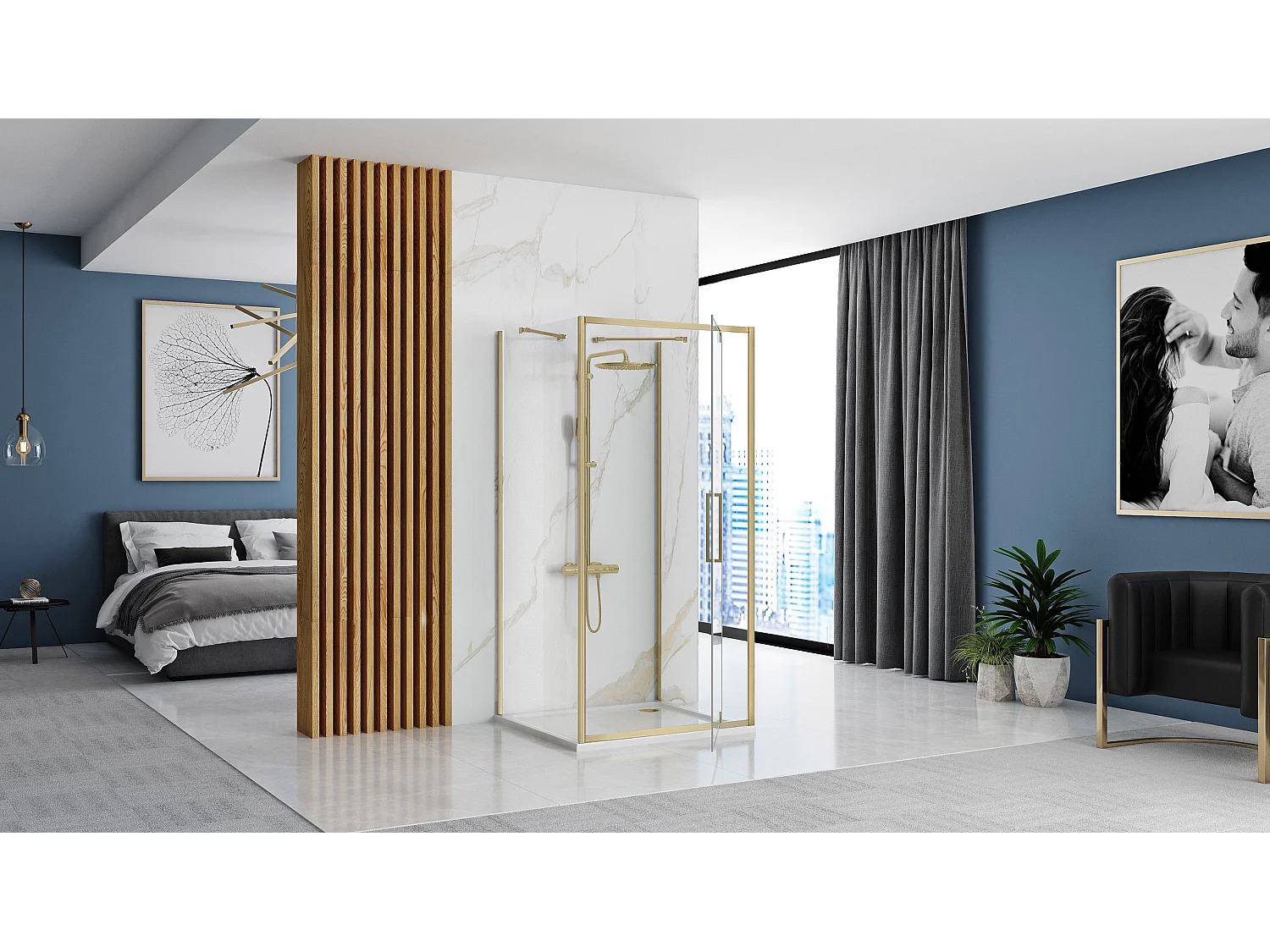 Cabine De Douche Murale Rea Rapid Swing 90X80 Brush Gold