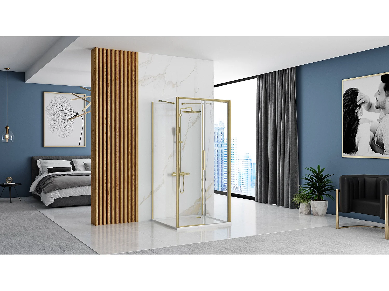 Cabine De Douche Murale Rea Rapid Slide 130X100 Brush Gold