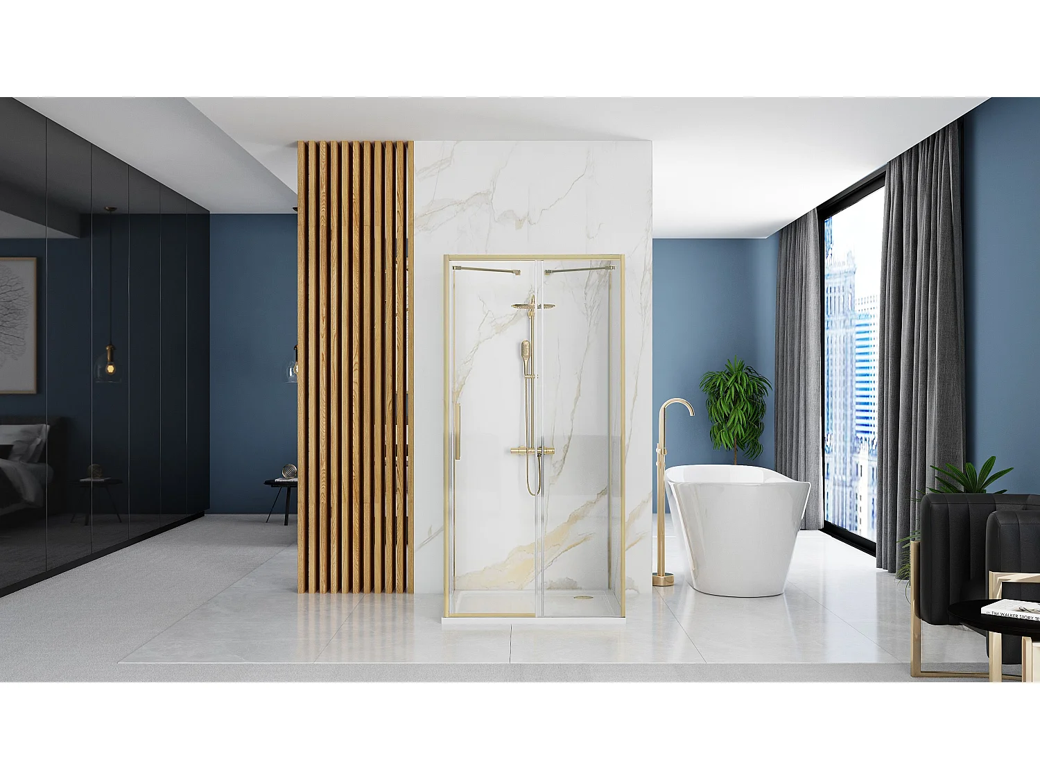 Cabine De Douche Murale Rea Rapid Slide 130X100 Brush Gold