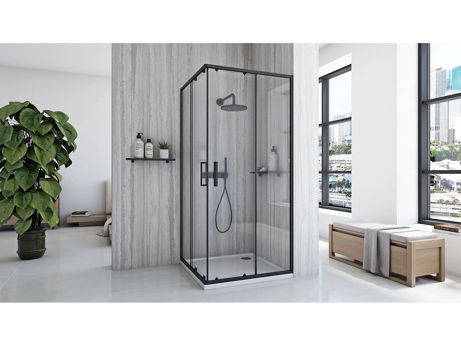 Cabine De Douche Rea City 80X80 Black + Receveur De Douche Savoy Black
