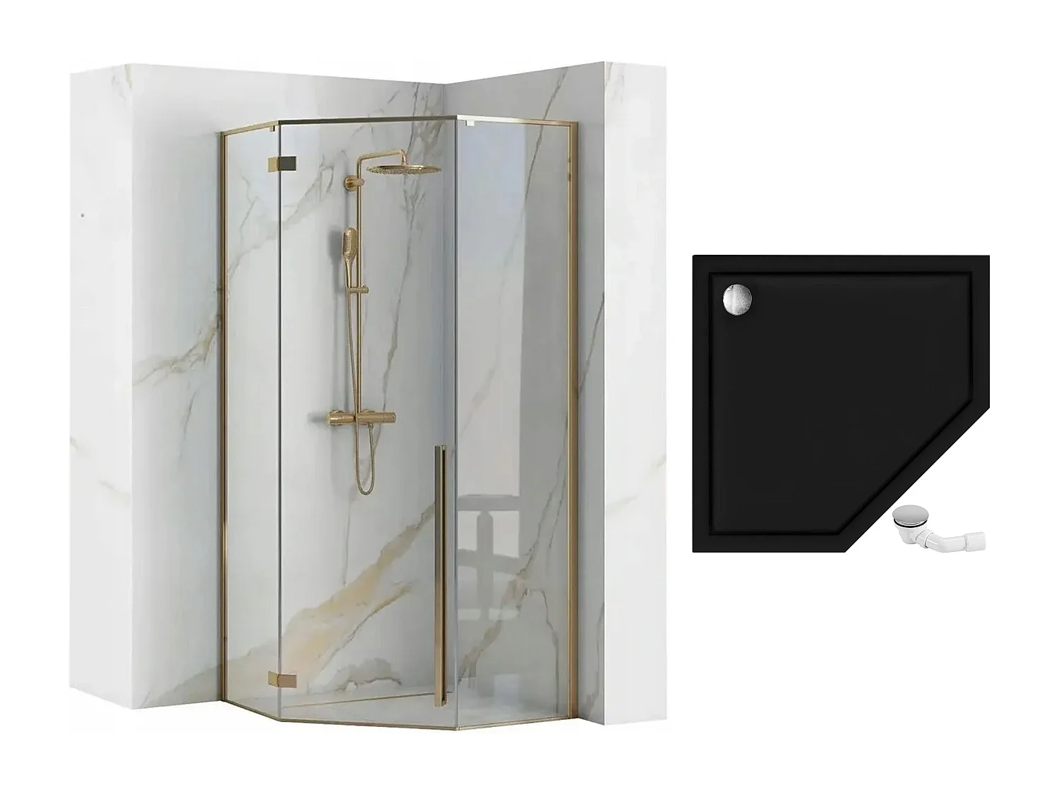 Gabinete De Chuveiro Rea Diamond 90X90 Gold + Bandeja De Duche Savoy Black