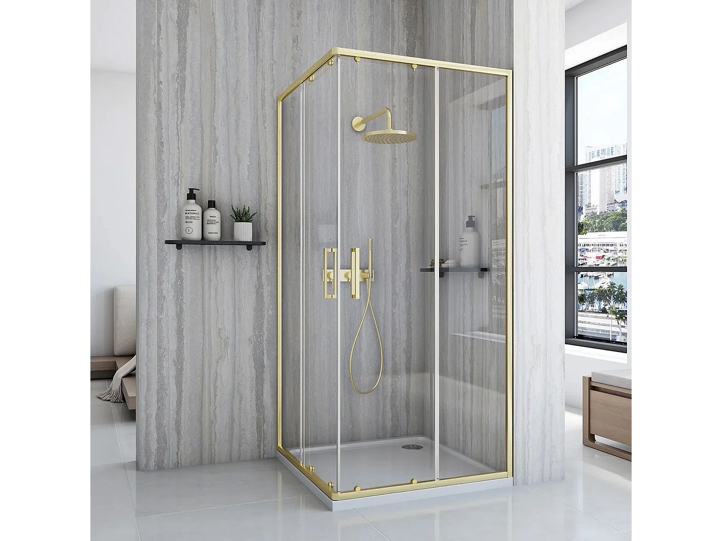 Cabine De Douche Rea City 80X80 Brush Gold + Receveur De Douche Savoy Black