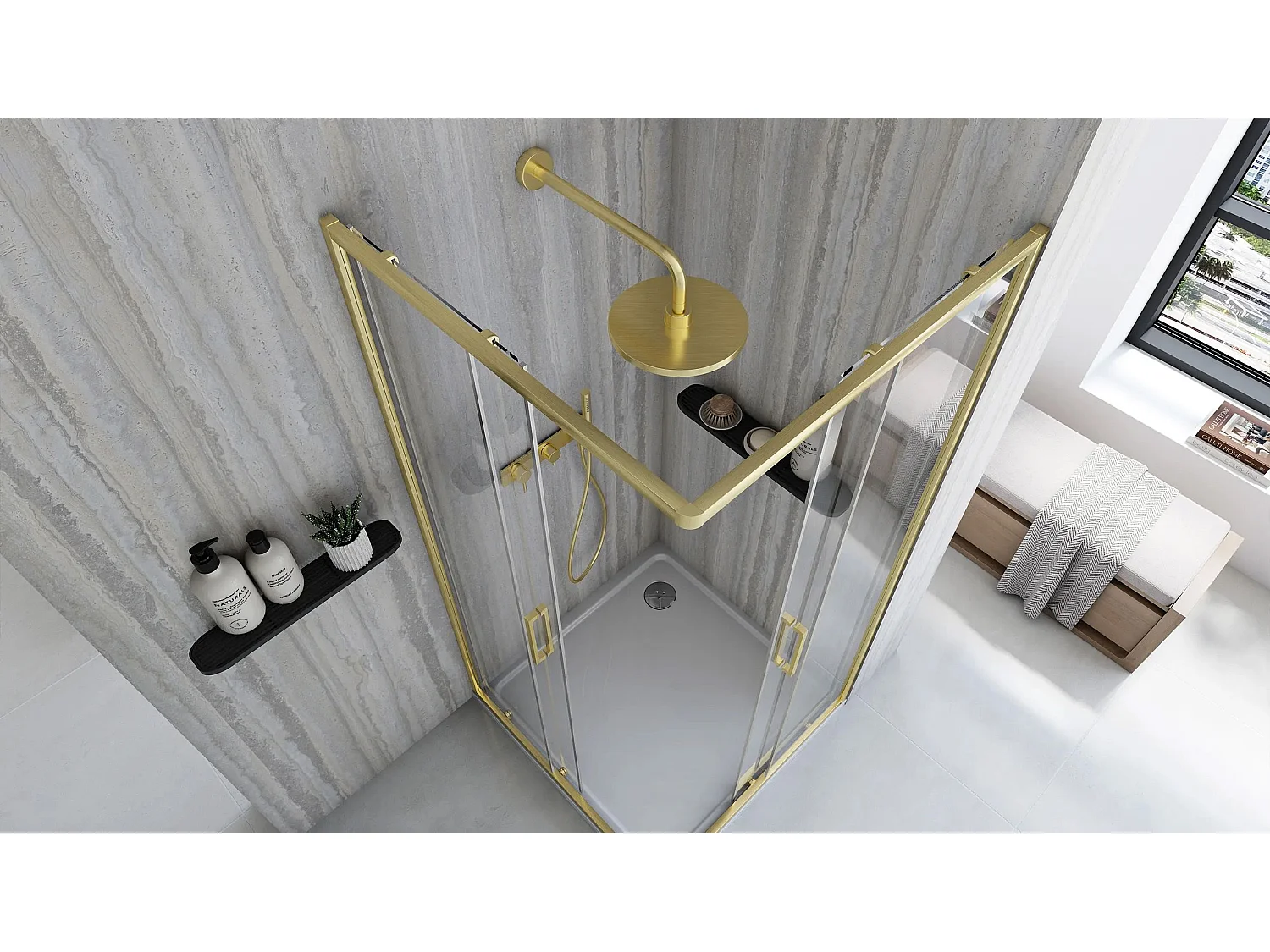 Cabine De Douche Rea City 80X80 Brush Gold + Receveur De Douche Savoy White
