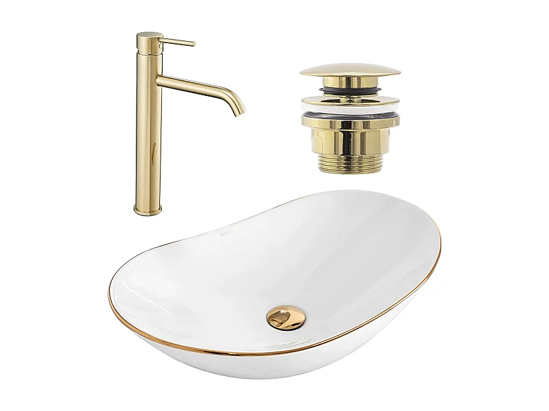 Set Aufsatzwaschbecken Rea Royal White + Waschbeckenarmatur Lungo Gold High + Stöpsel Gold