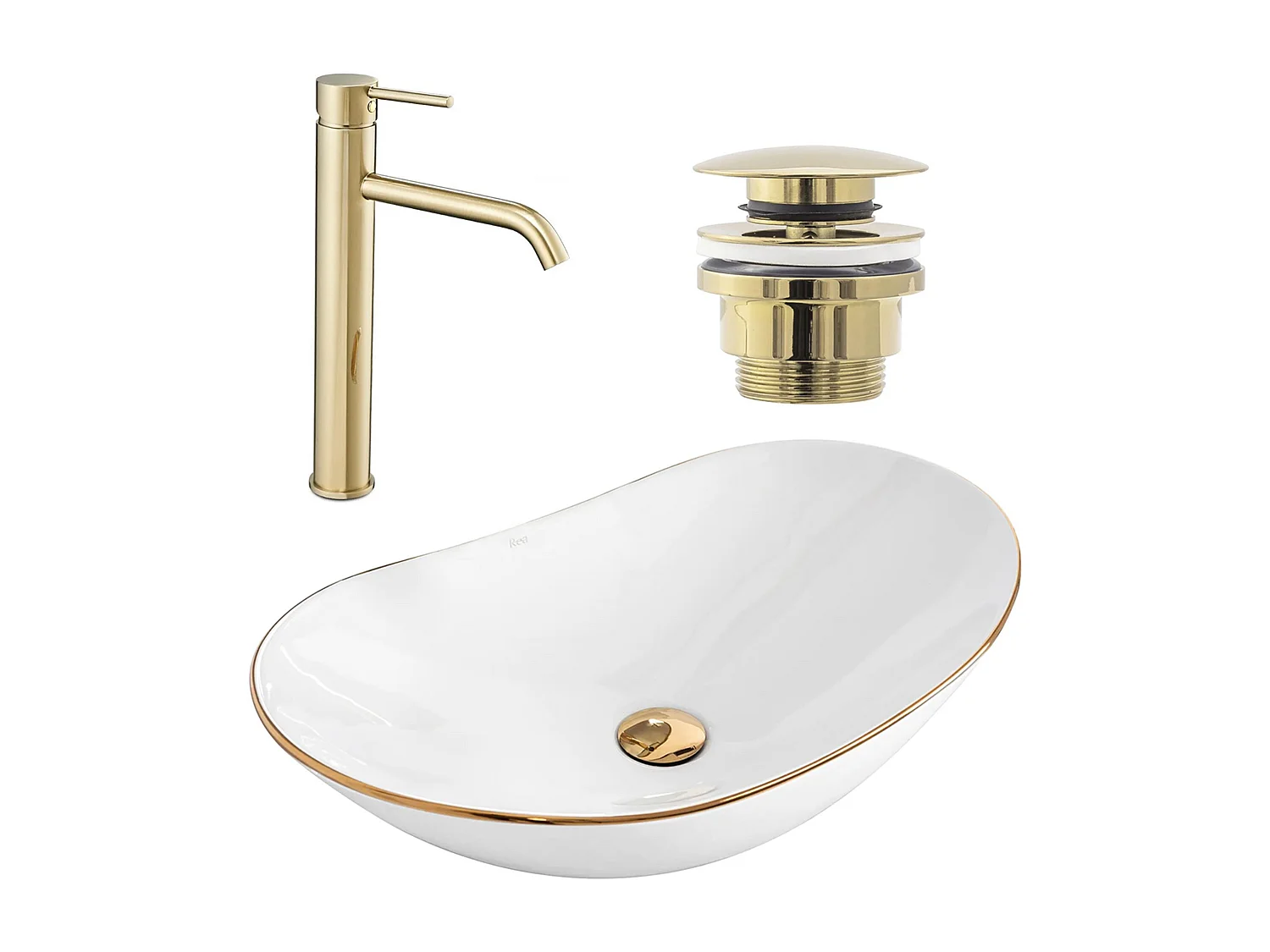 Set Lavabo Da Appoggio Rea Royal White + Rubinetto Da Bagno Lungo Gold High + Tappo Gold