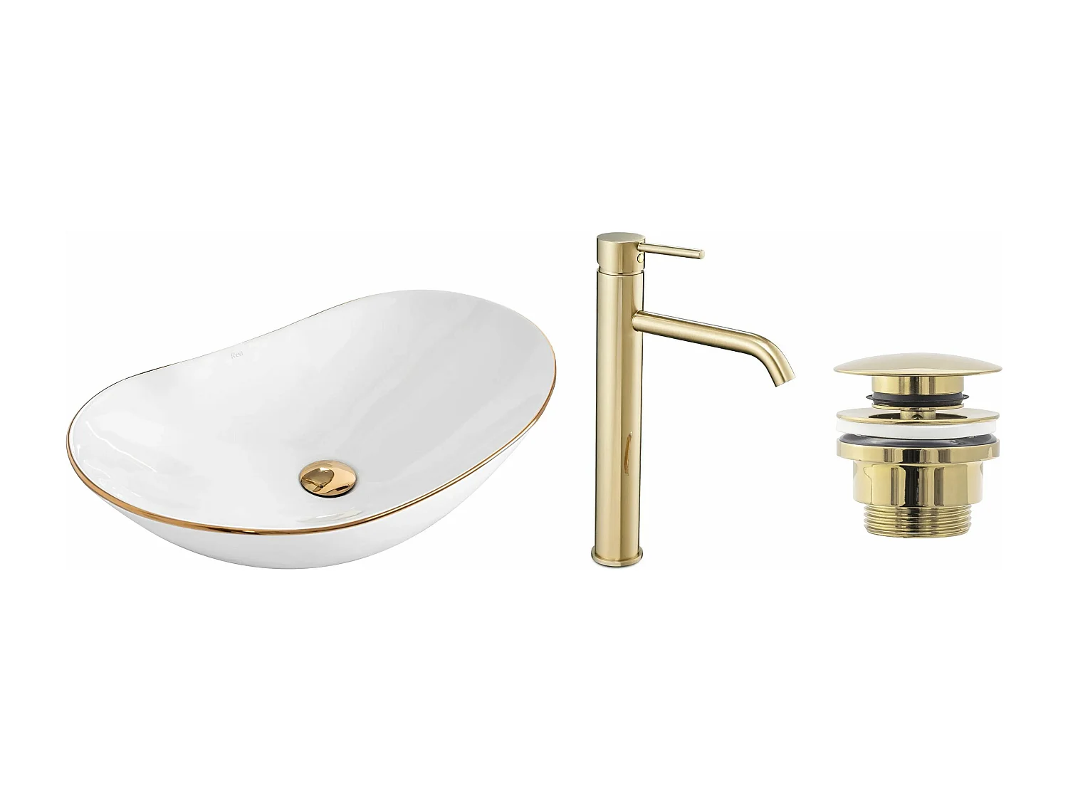 Set Lavabo Da Appoggio Rea Royal White + Rubinetto Da Bagno Lungo Gold High + Tappo Gold
