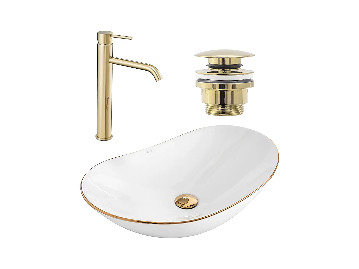 Set De Vasque À Poser Rea Royal White + Robinet De Lavabo Lungo Gold High + Bonde Gold