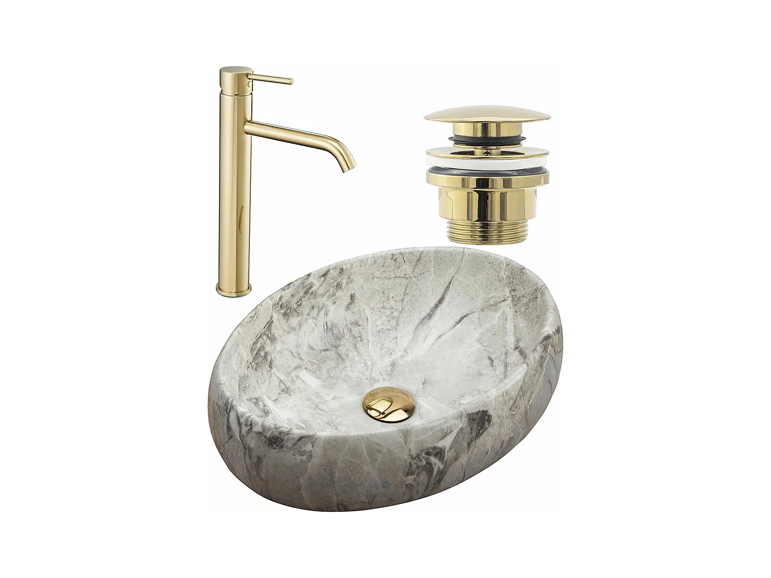 Set De Vasque À Poser Rea Linda Light Grey + Robinet De Lavabo Lungo Gold High + Bonde Gold