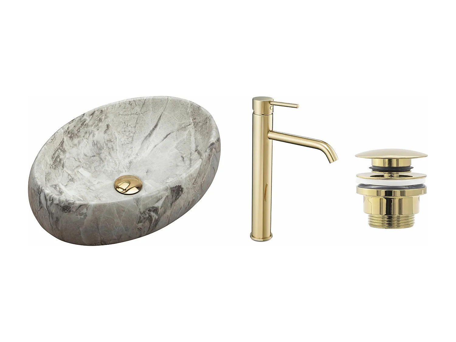 Set Lavabo Sobre Encimera Rea Linda Light Grey + Grifo De Baño Lungo Gold Lungo Gold High + Tapón Gold