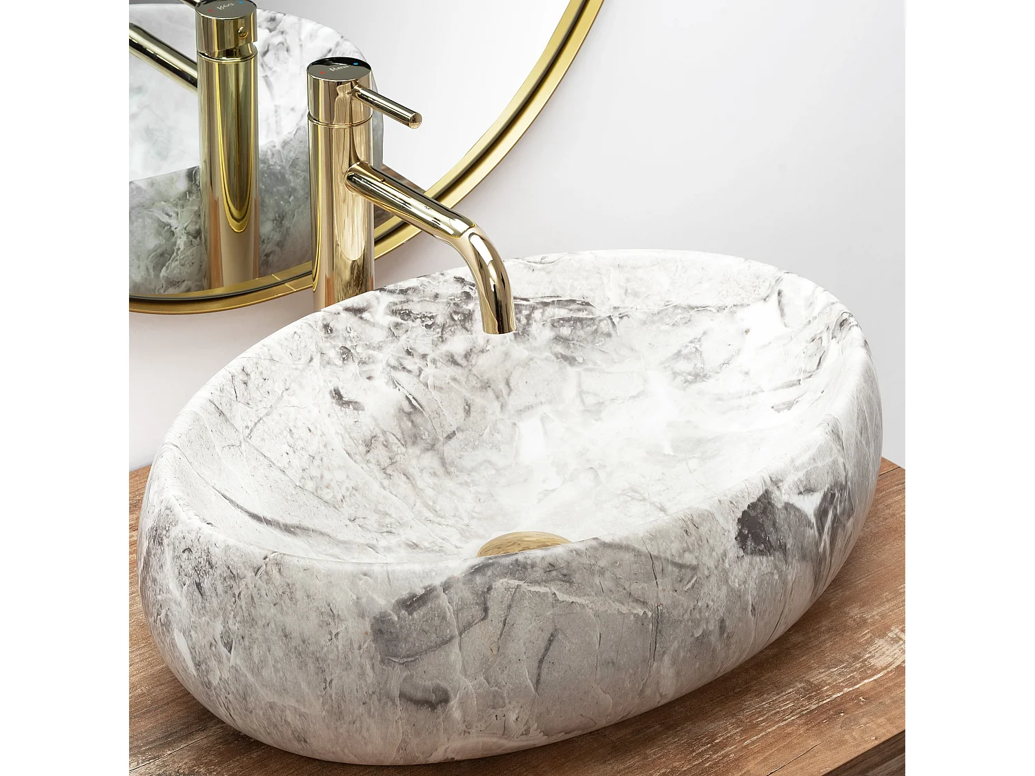 Set De Vasque À Poser Rea Linda Light Grey + Robinet De Lavabo Lungo Gold High + Bonde Gold