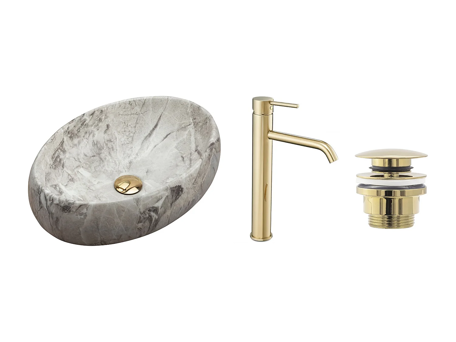 Set De Vasque À Poser Rea Linda Light Grey + Robinet De Lavabo Lungo Gold High + Bonde Gold
