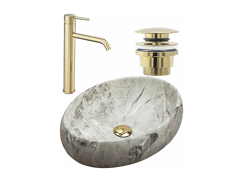 Set De Vasque À Poser Rea Linda Light Grey + Robinet De Lavabo Lungo Gold High + Bonde Gold