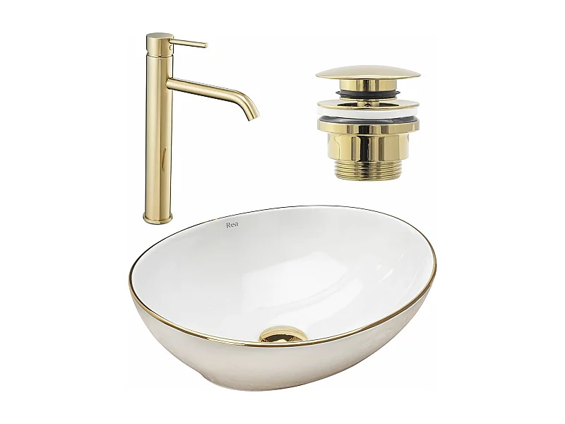 Set Lavabo Da Appoggio Rea Sofia White + Rubinetto Da Bagno Lungo Gold High + Tappo Gold