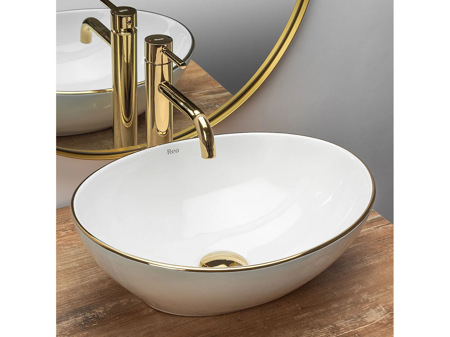 Set Aufsatzwaschbecken Rea Sofia White + Waschbeckenarmatur Lungo Gold High + Stöpsel Gold