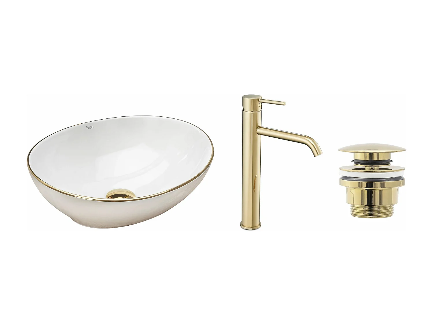 Set Aufsatzwaschbecken Rea Sofia White + Waschbeckenarmatur Lungo Gold High + Stöpsel Gold
