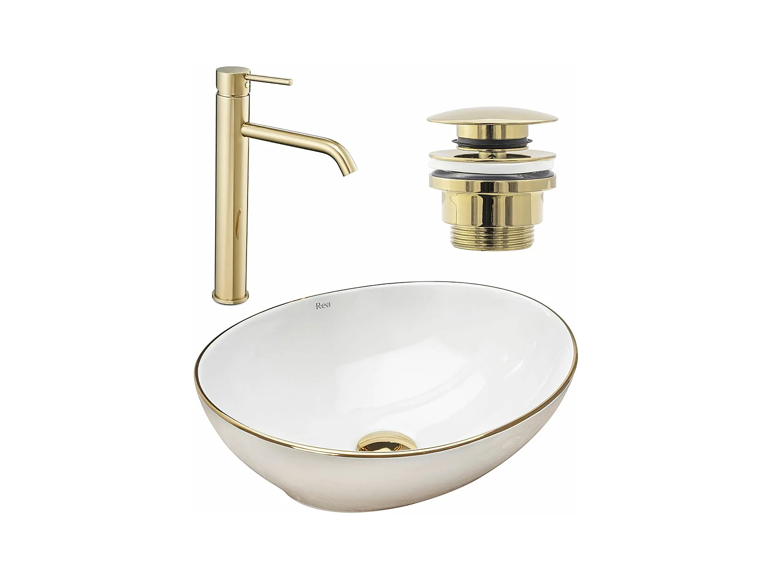 Set De Vasque À Poser Rea Sofia White + Robinet De Lavabo Lungo Gold High + Bonde Gold