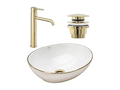 Set Lavatório De Apoio Rea Sofia White + Torneira Alta Lungo Gold High + Rolha Universal Gold