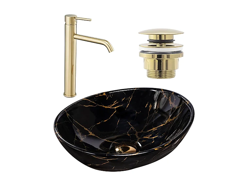 Wastafel Opzetwastafel Rea Sofia Black + Kraan Lungo Gold High + Universele Plug Gold