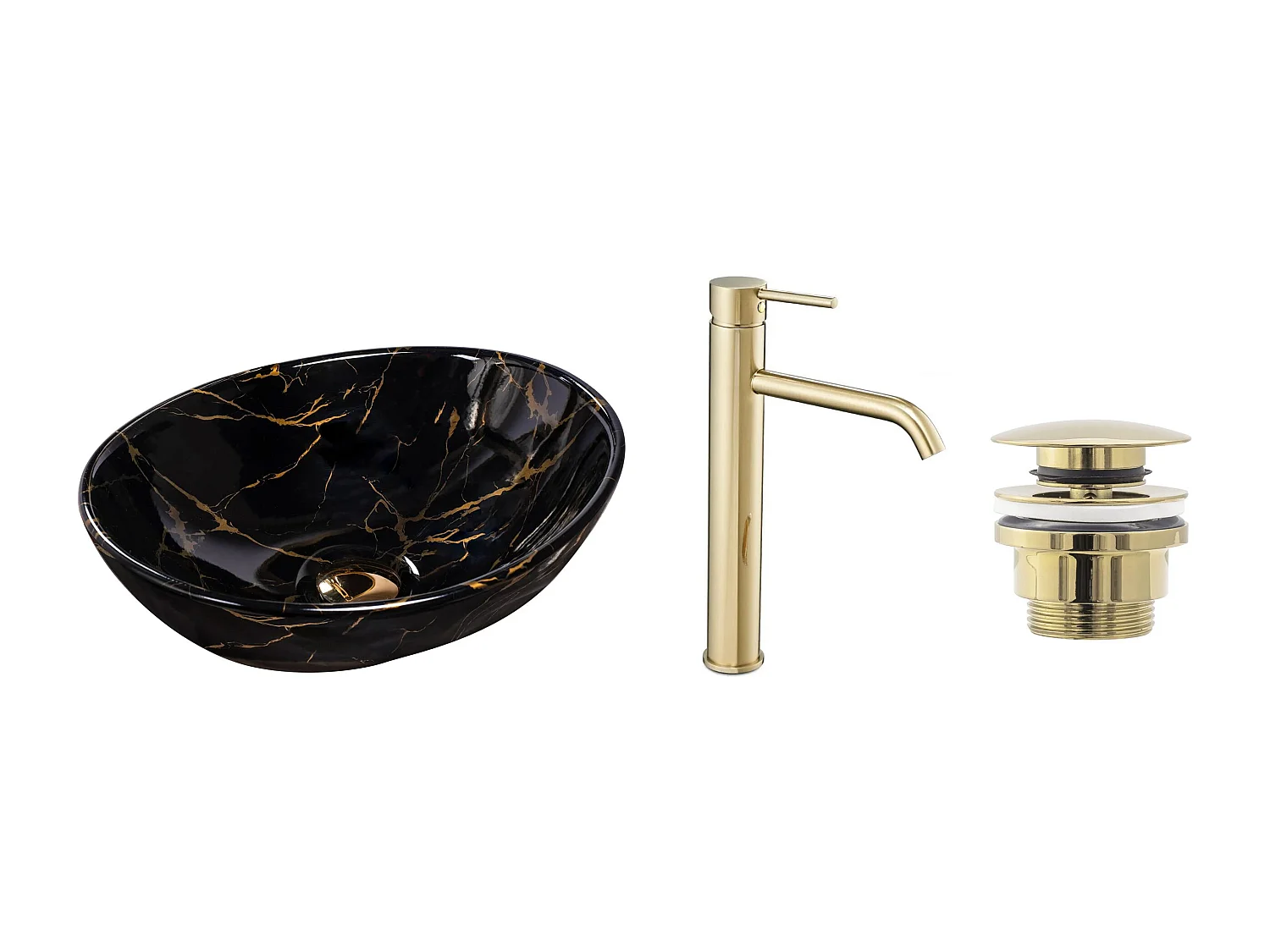 Set Aufsatzwaschbecken Rea Sofia Black + Waschbeckenarmatur Lungo Gold High + Stöpsel Gold