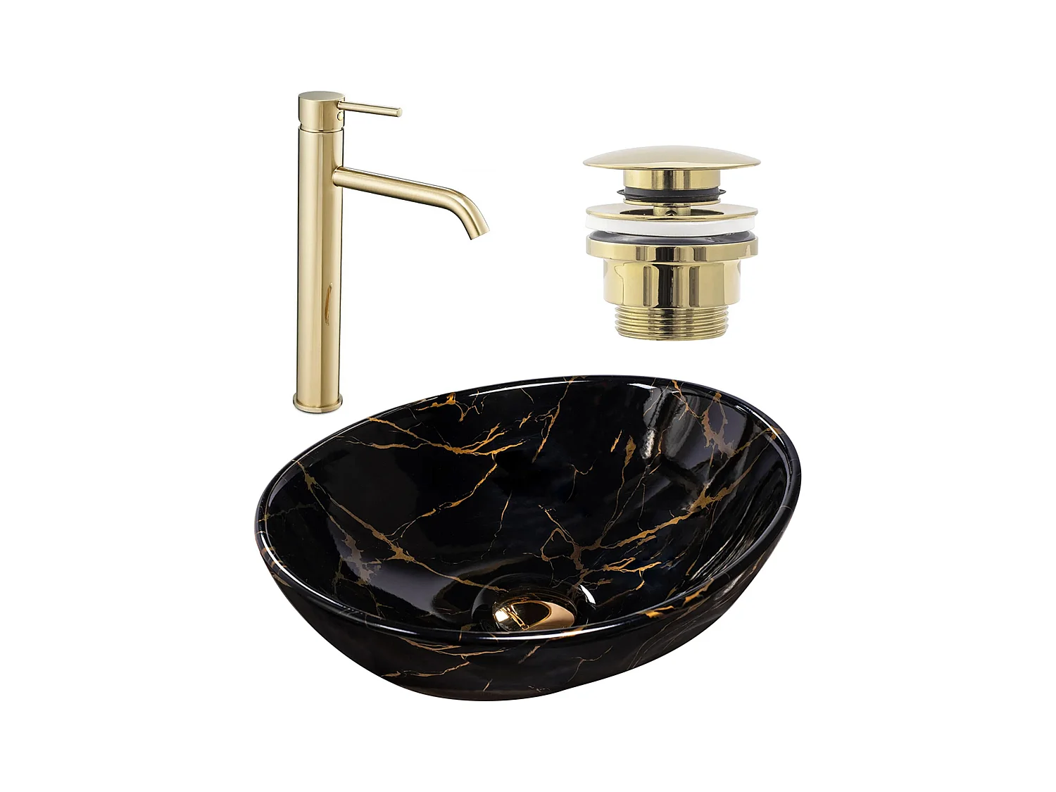 Set De Vasque À Poser Rea Sofia Black + Robinet De Lavabo Lungo Gold High + Bonde Gold