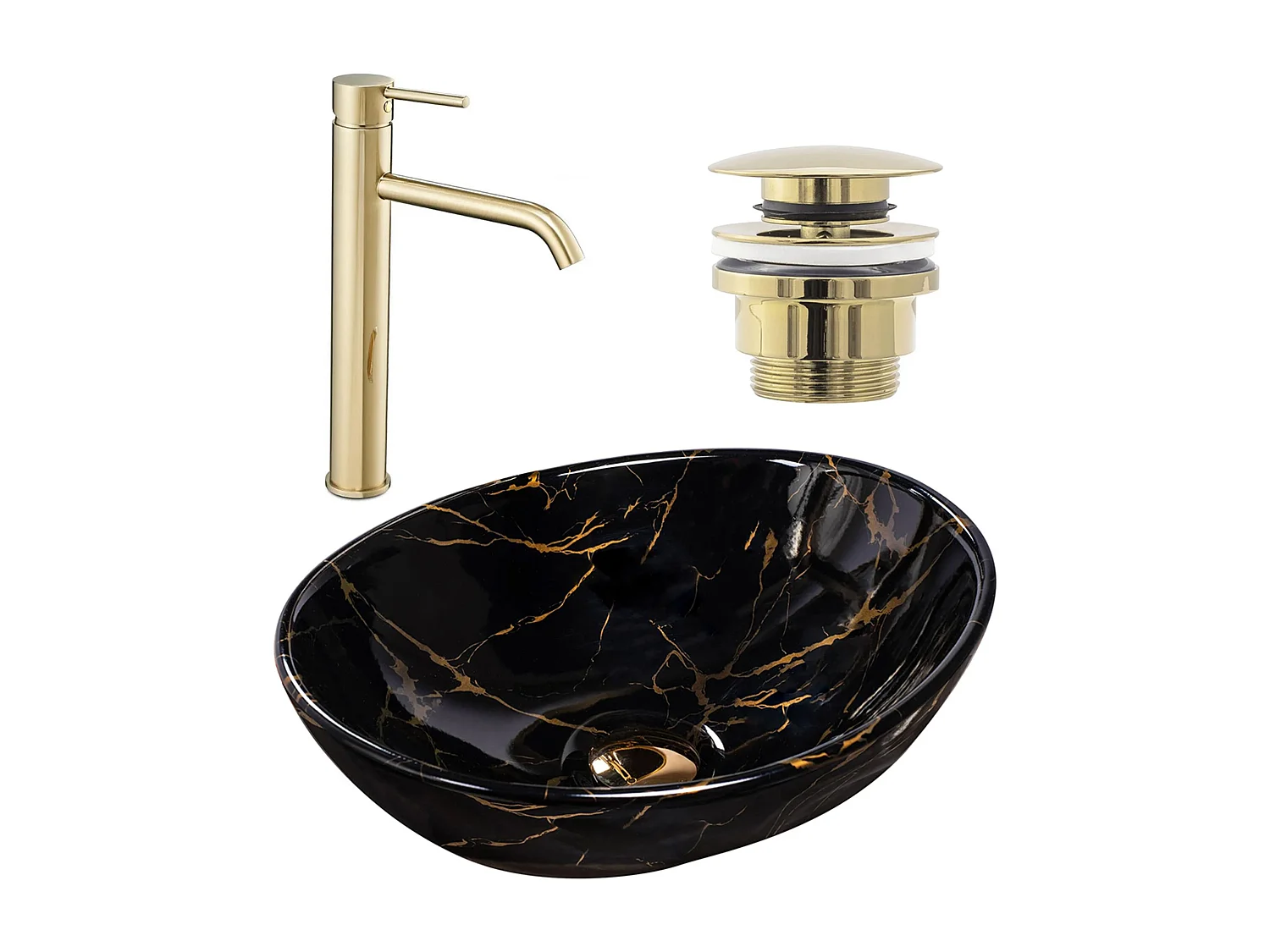 Set De Vasque À Poser Rea Sofia Black + Robinet De Lavabo Lungo Gold High + Bonde Gold