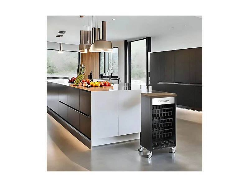 Desserte de cuisine, chariot de rangement - couleur Noir, Inox, Cerisier - 93*48*34 cm - KARA
