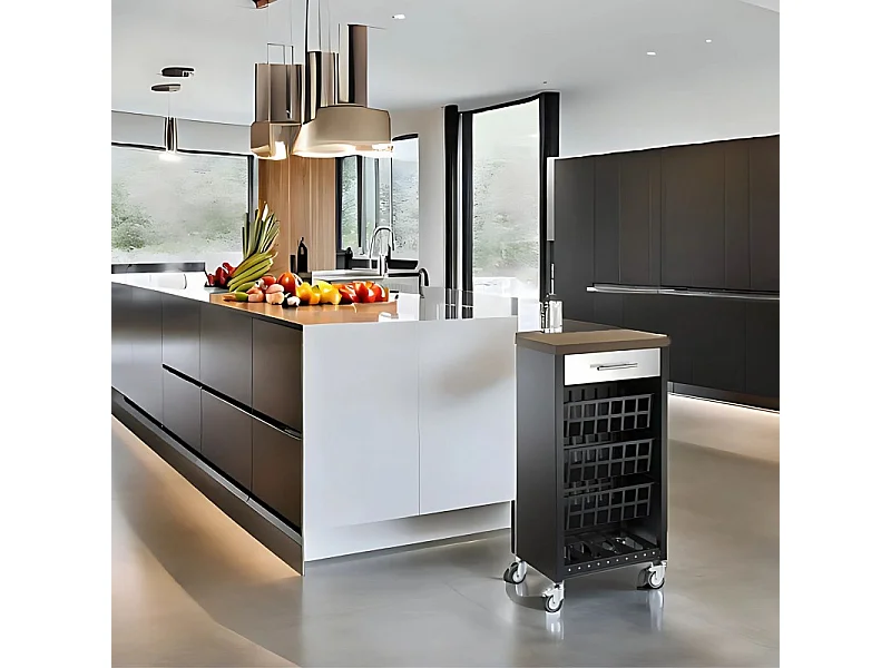 Desserte de cuisine, chariot de rangement - couleur Noir, Inox, Cerisier - 93*48*34 cm - KARA