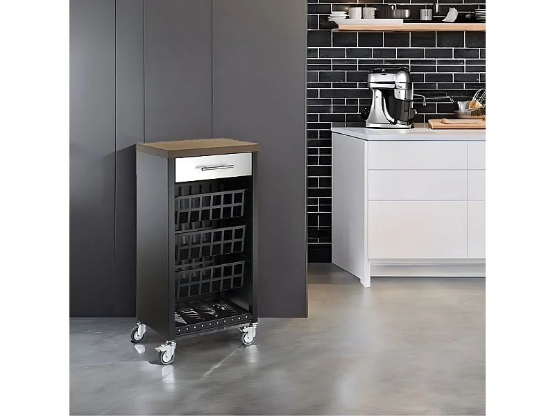 Desserte de cuisine, chariot de rangement - couleur Noir, Inox, Cerisier - 93*48*34 cm - KARA