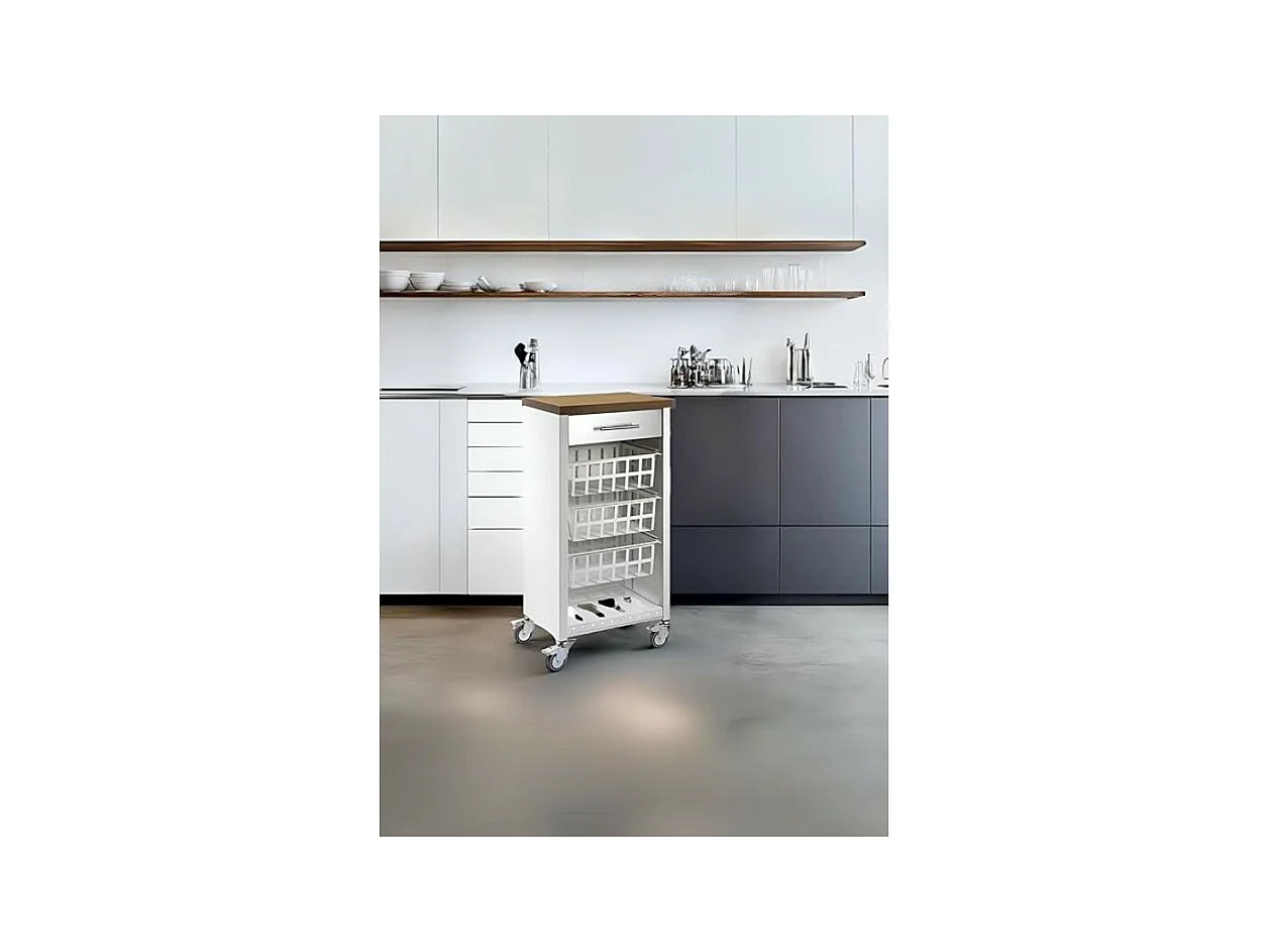 Desserte de cuisine, chariot de rangement - couleur Blanc, Inox, Cerisier - 93*48*34 cm - KARA