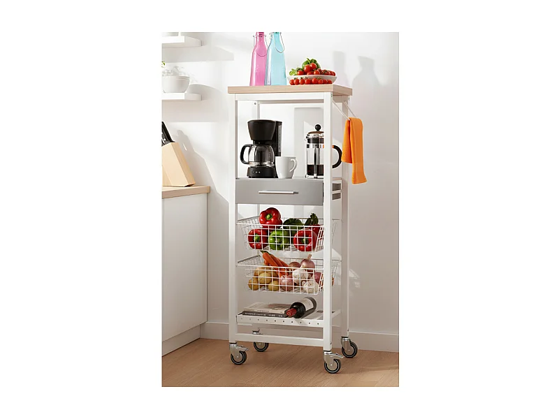 Carrello da cucina alto, Carrello portatutto - colore Bianco, Acciaio inox, Olmo - 123*48,5*34 cm - ONDA ALTO