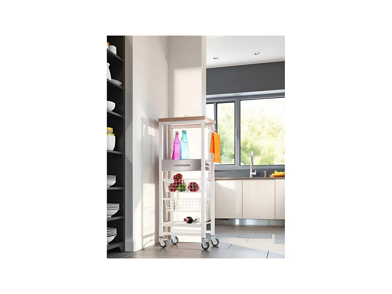Desserte de cuisine haut, chariot de rangement - couleur Blanc, Inox, Orme - 123*48,5*34 cm - ONDA ALTO