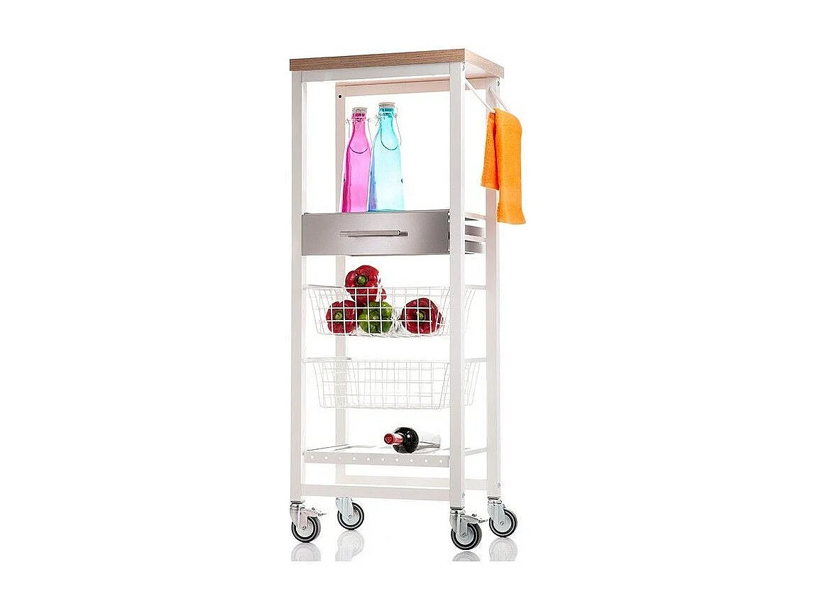 Desserte de cuisine haut, chariot de rangement - couleur Blanc, Inox, Orme - 123*48,5*34 cm - ONDA ALTO