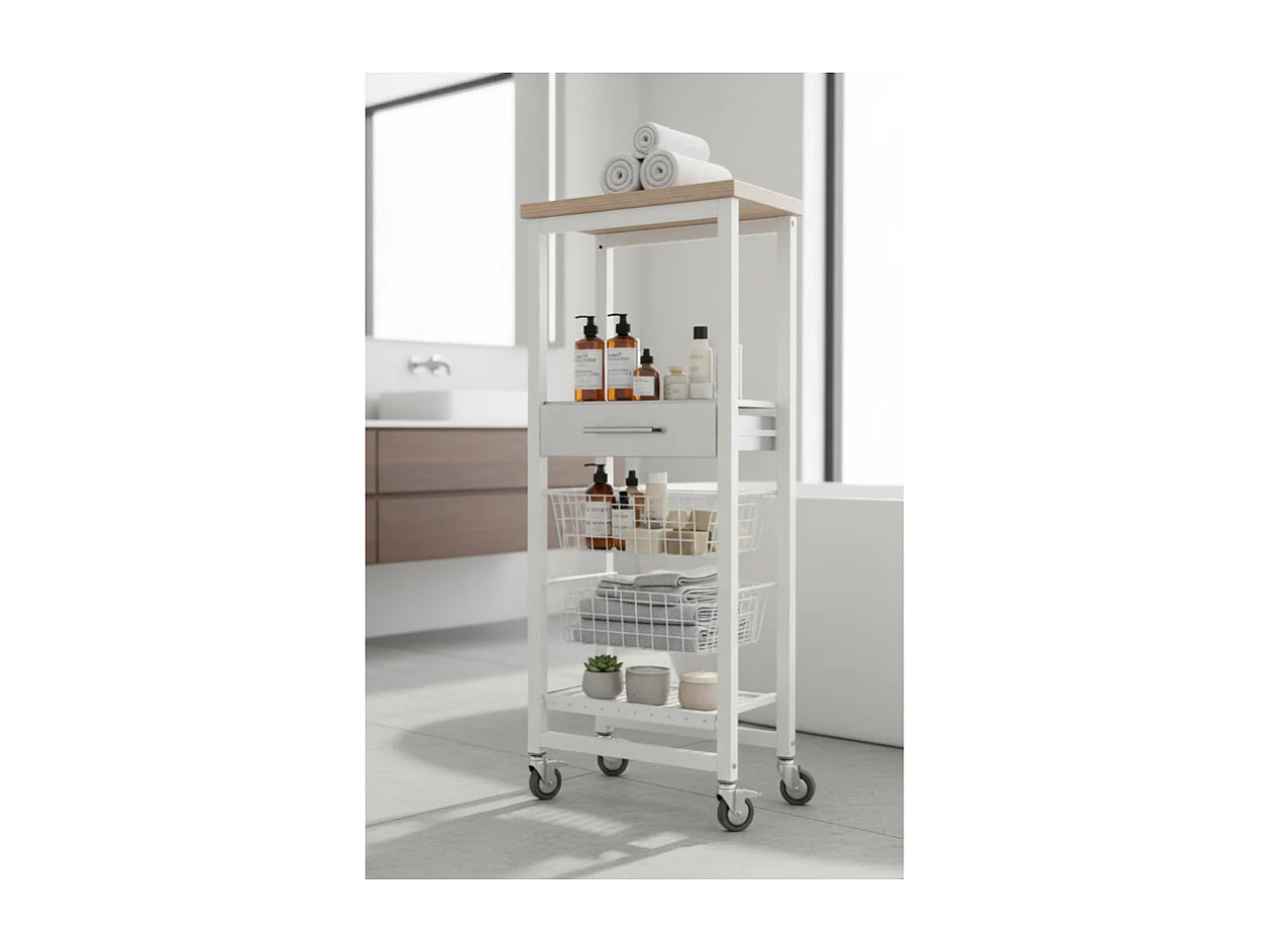 Desserte de cuisine haut, chariot de rangement - couleur Blanc, Inox, Orme - 123*48,5*34 cm - ONDA ALTO