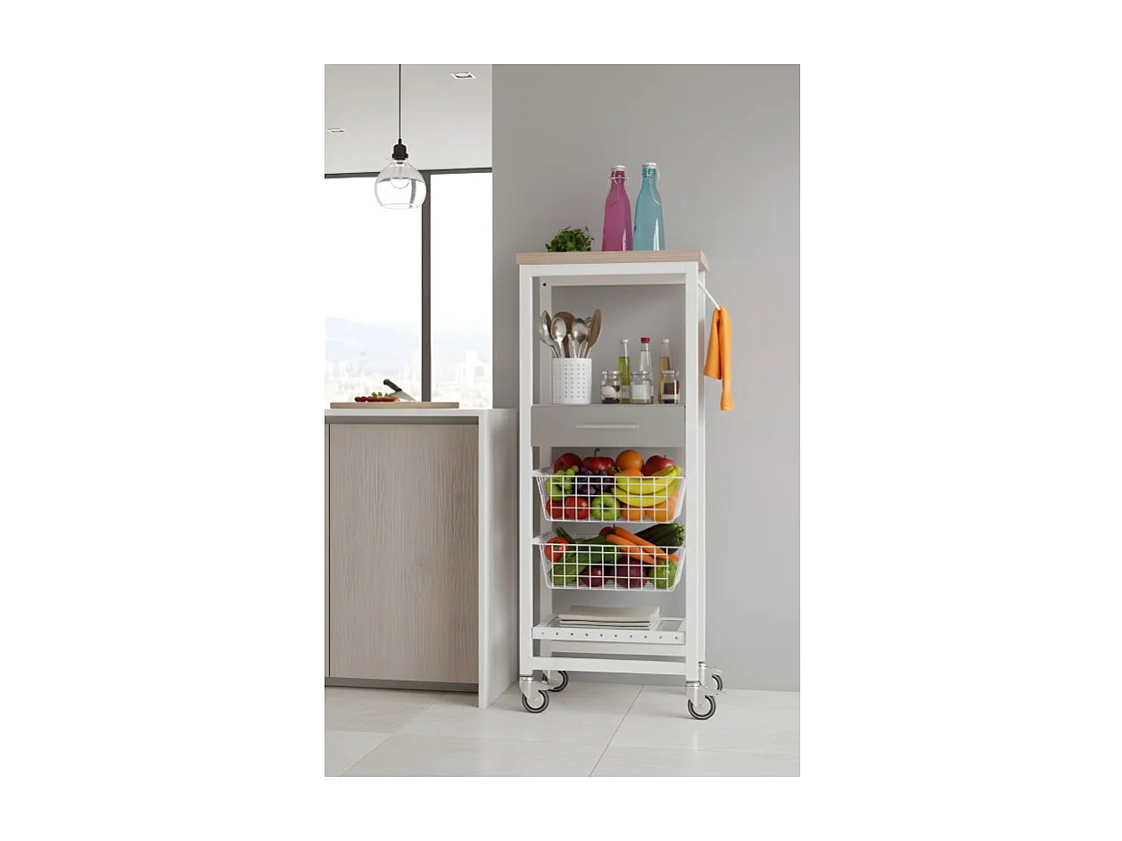 Desserte de cuisine haut, chariot de rangement - couleur Blanc, Inox, Orme - 123*48,5*34 cm - ONDA ALTO