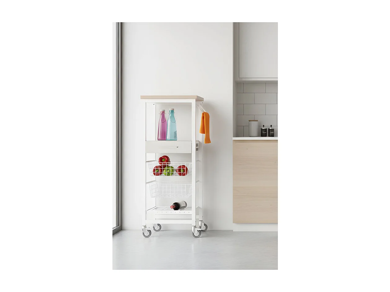 Desserte de cuisine haut, chariot de rangement - couleur Blanc, Inox, Orme - 123*48,5*34 cm - ONDA ALTO