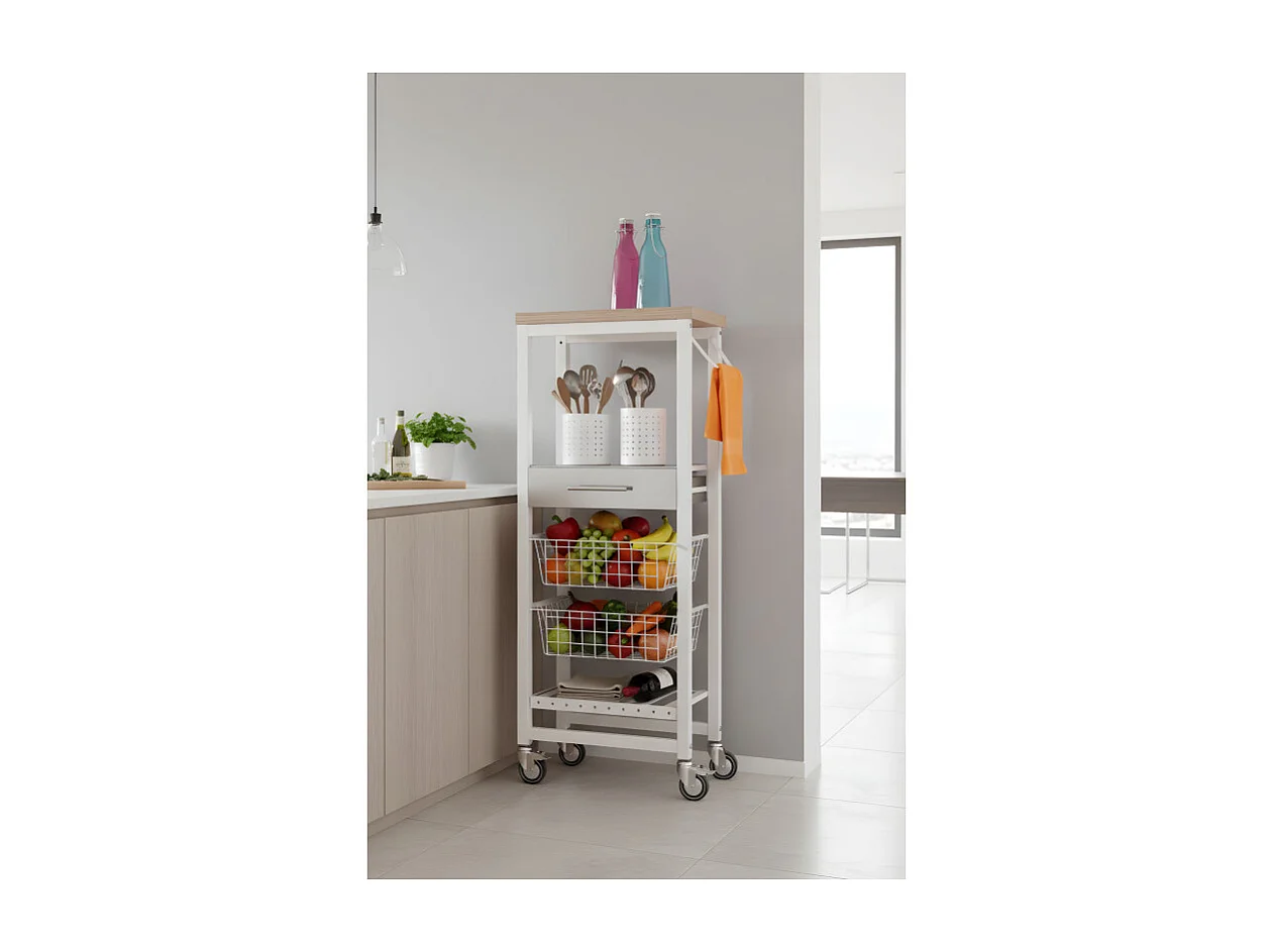 Desserte de cuisine haut, chariot de rangement - couleur Blanc, Inox, Orme - 123*48,5*34 cm - ONDA ALTO